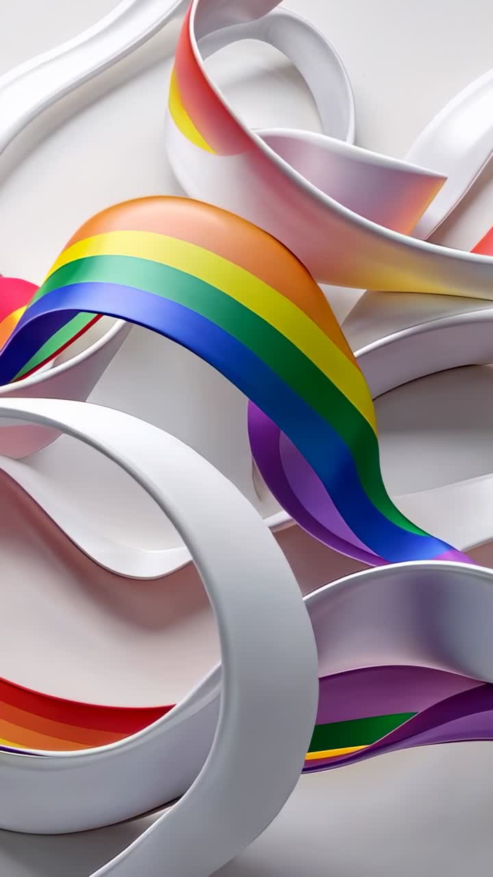 Vertical video: Starting abstract ribbon loops shifting in pale studio, with rainbow gradient