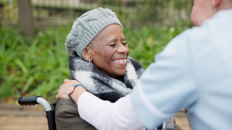 nurse, smile and park with old woman