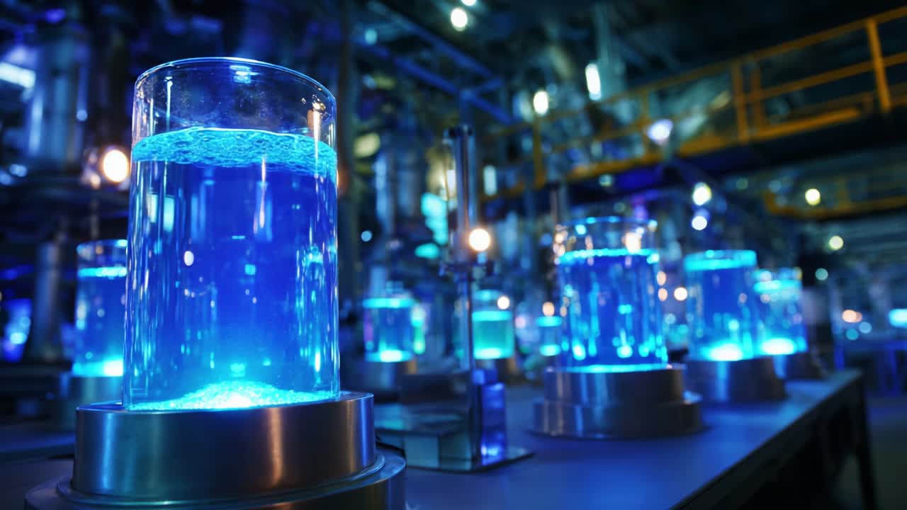 A Captivating Display of Vibrant Blue Solutions in Transparent Cylinders Illuminating a Sophisticated Laboratory Environment, Showcasing Modern Technology and Innovation in Fluid Dynamics and Chemical Engineering