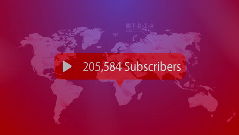 animación del texto de los suscriptores con un número creciente en el mapa del mundo en fondo rojo.