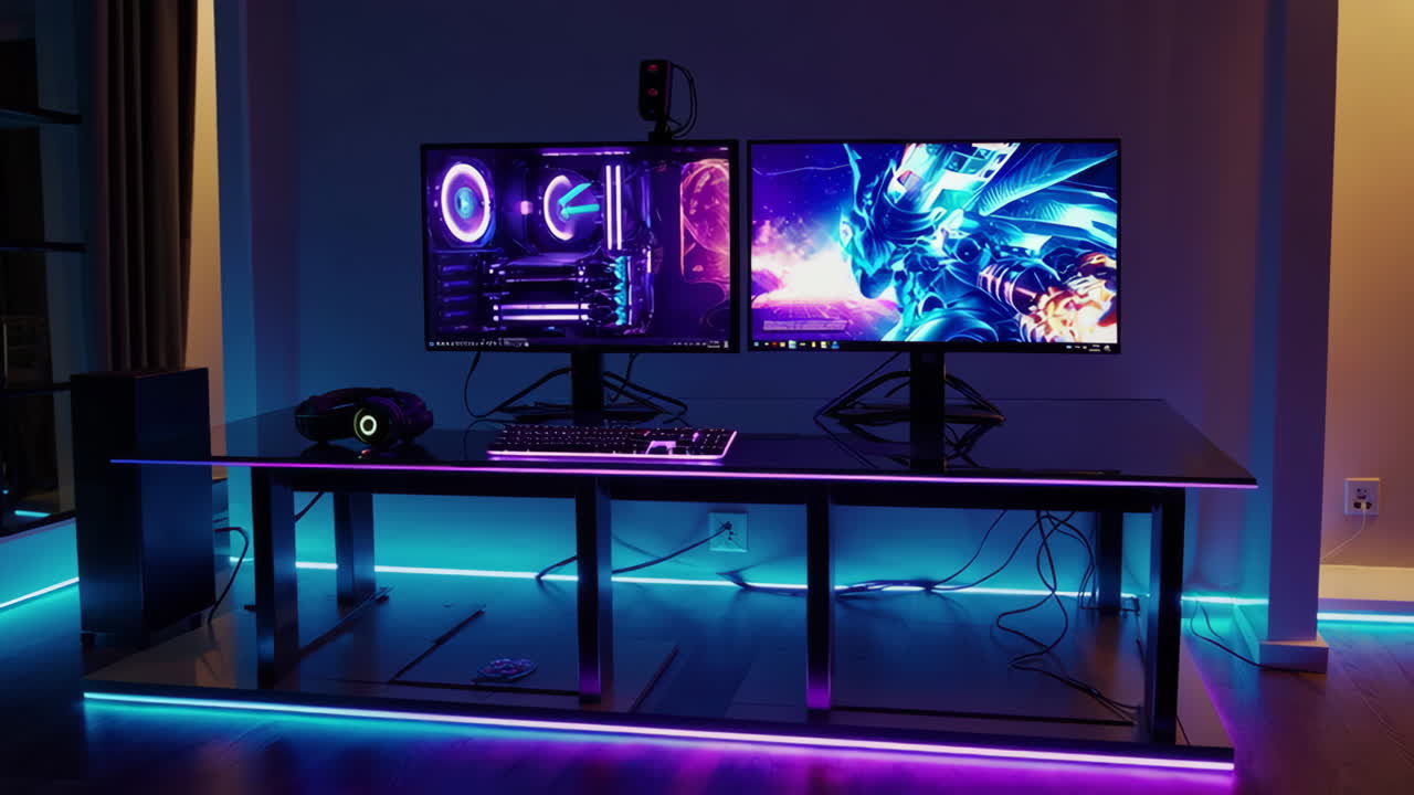 Modern Gaming PC Setup with Dual Monitors and Vibrant RGB Lighting