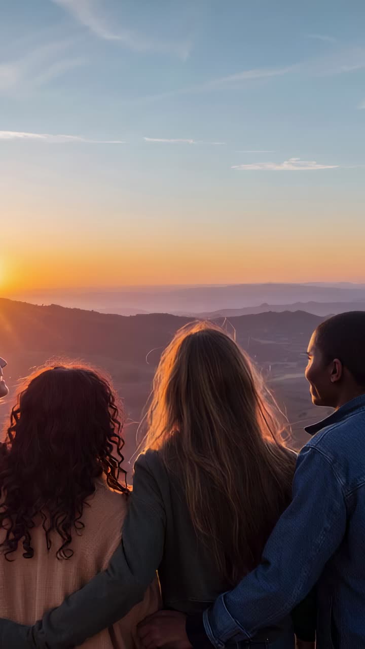 Video verticale: tre amici che si tengono a braccetto mentre il sole tramonta al belvedere, giacca di jeans