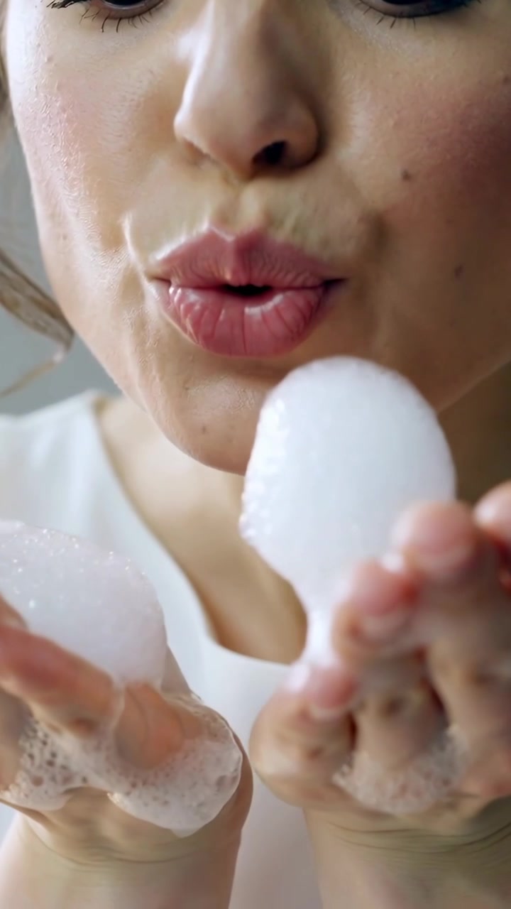 Vertical video: Lifting foam to face, woman in white top blowing foam to shape bubble in studio