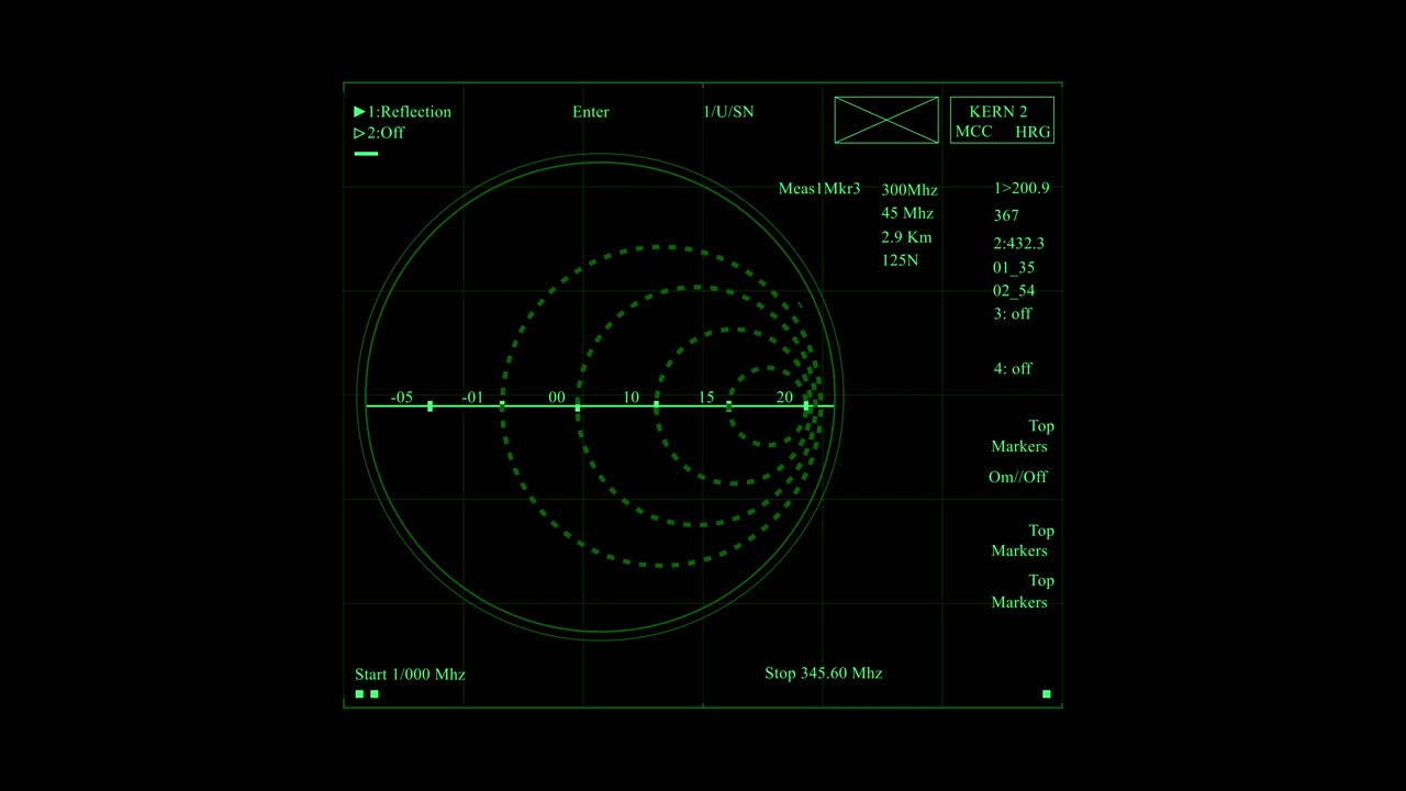 레이더 또는 소나르 녹색 화면과 인포그래픽 요소와 함께 서클을 가진 스캔 내비게이션 시스템