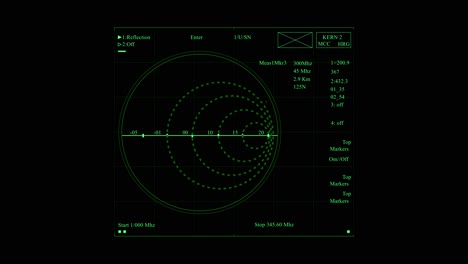 sistema de navegación de escaneo con pantalla verde de radar o sonar y círculos con elementos infográficos
