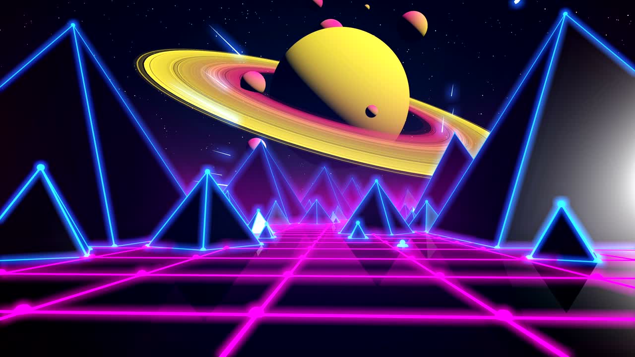 vuelo retro futurista sobre la cuadrícula, fondo sin costuras de la fantasía retro de los años ochenta.