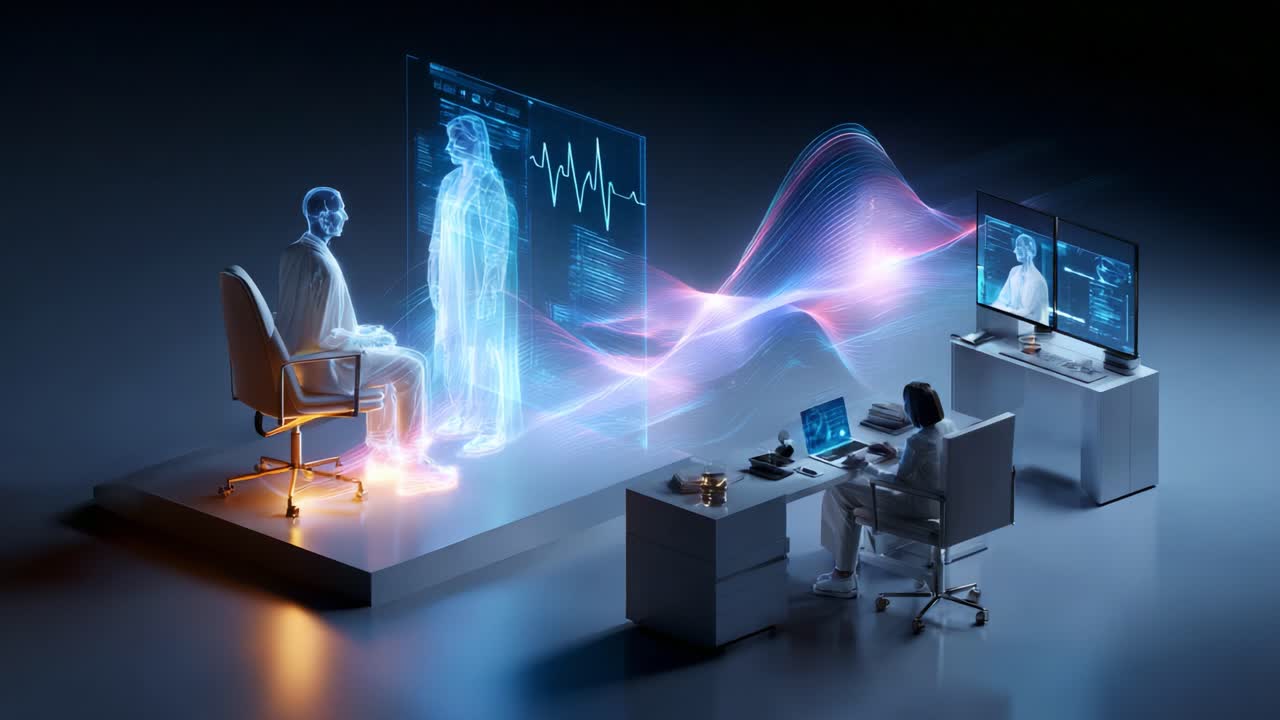 A futuristic medical consultation scene showcasing holographic technology, where a patient interacts with a virtual doctor using advanced visualization and health monitoring systems
