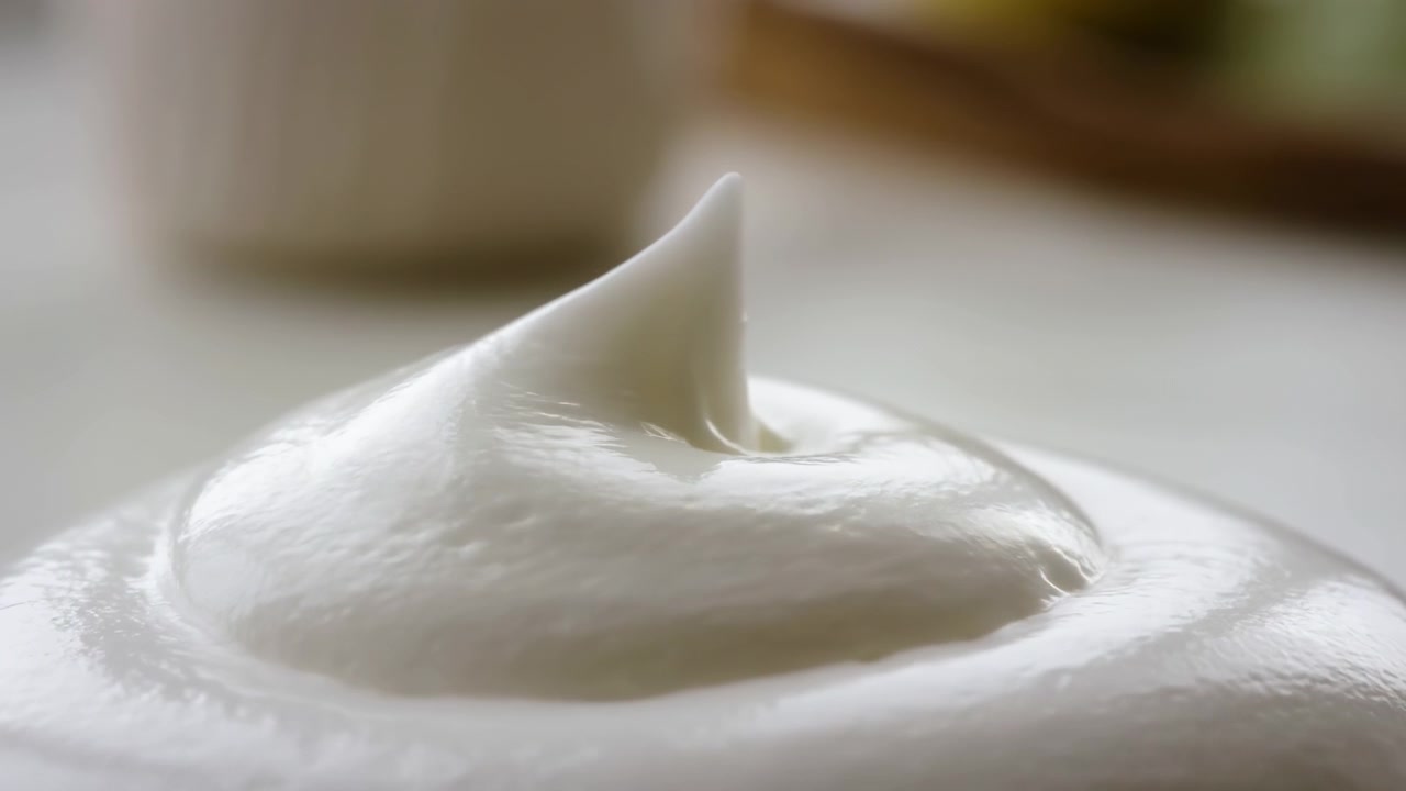Panna montata in stato stabile con leggera variazione di consistenza, in primo piano di un dessert o di una superficie di preparazione alimentare, con panna montata, con materiale alimentare probabilmente a base di latticini.
