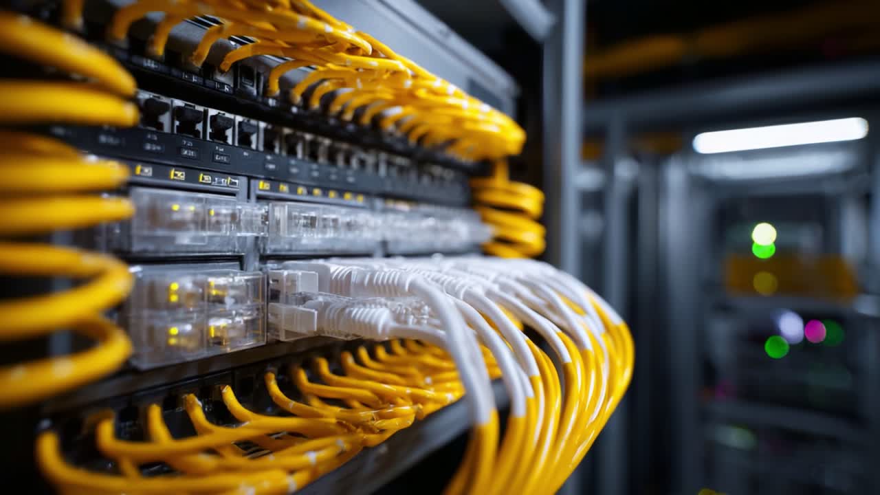 Intricate Network Setup Featuring Yellow Fiber Optic Cables Connected to High-Tech Data Center Equipment, Showcasing Modern Communication Infrastructure