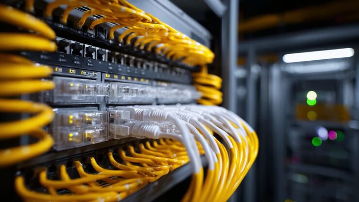 Intricate Network Setup Featuring Yellow Fiber Optic Cables Connected to High-Tech Data Center Equipment, Showcasing Modern Communication Infrastructure