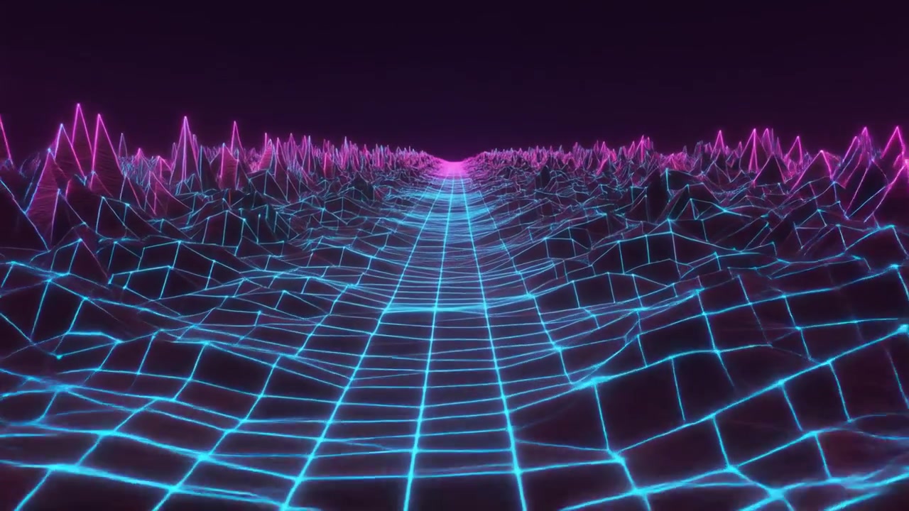 Retro Synthwave Style Digital Landscape with Glowing Neon Grid