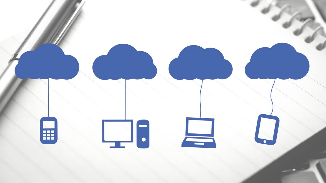 animación de nubes e iconos digitales sobre el cuaderno y el bolígrafo en el escritorio