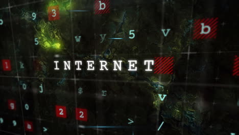 internet text animation over abstract digital map with letters and numbers