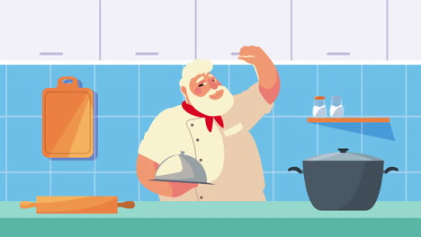 chef levantando la bandeja cocinando en la animación de la cocina