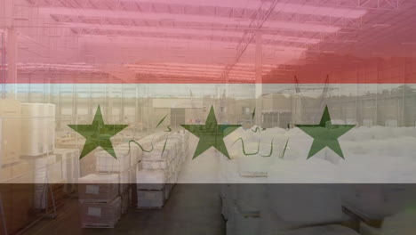 animación de la bandera de iraq sobre el camión elevador de horquilla en el almacén de almacenamiento