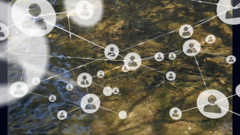 digital network overlay animating over clear creek rocks with avatar icons linking by thin lines
