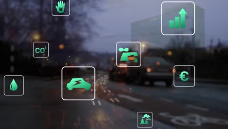 Animation-of-multiple-icons-over-time-lapse-of-moving-vehicles-on-street-in-city
