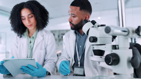 científico, microscopio y tableta en trabajo en equipo