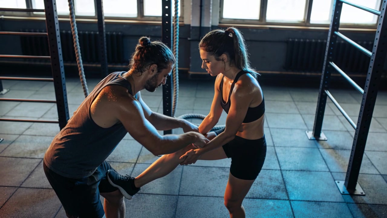 Entrenador con camiseta de tirantes acercándose, levantando la pierna del cliente junto a un equipo de gimnasio, sujetando la rodilla y evaluando la movilidad