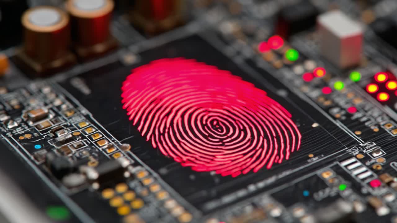 Advanced Technology Displaying a Distinct Digital Fingerprint on a Circuit Board, Showcasing Intricate Details and Modern Security Features Integrated into the System