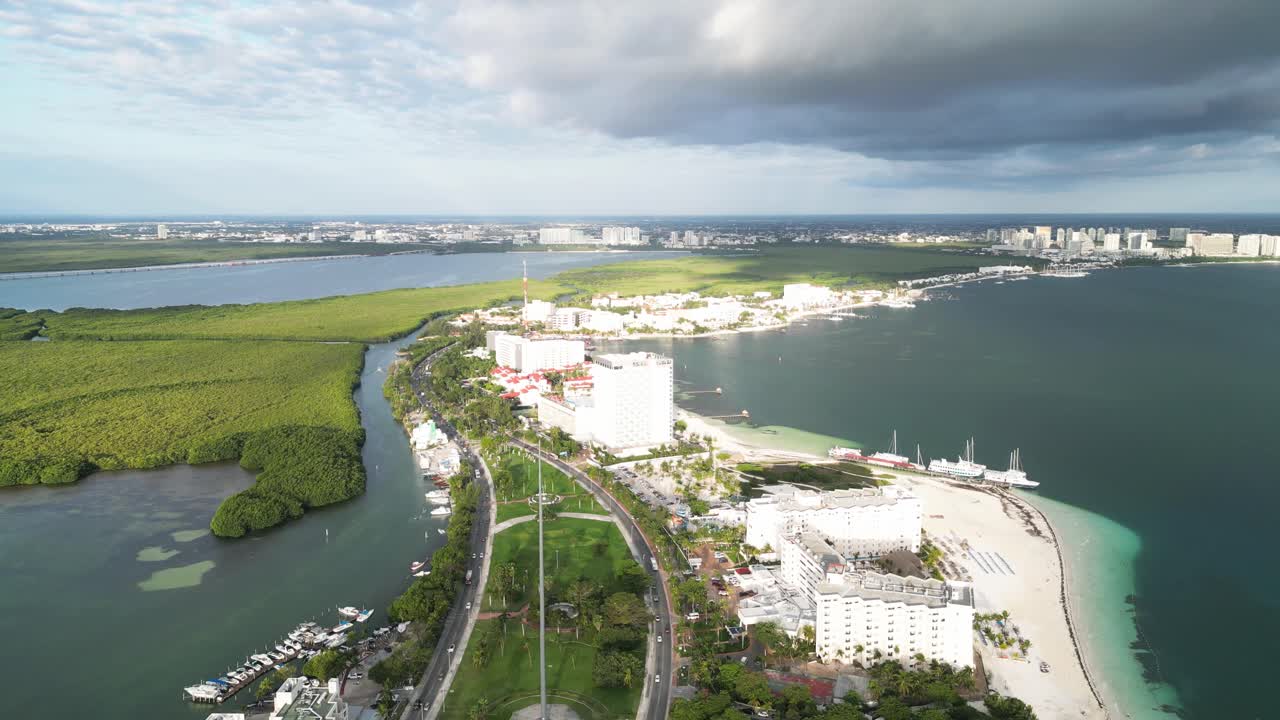 Cancun's hotel zone, playa langosta beach, and nichupte lagoon, aerial view