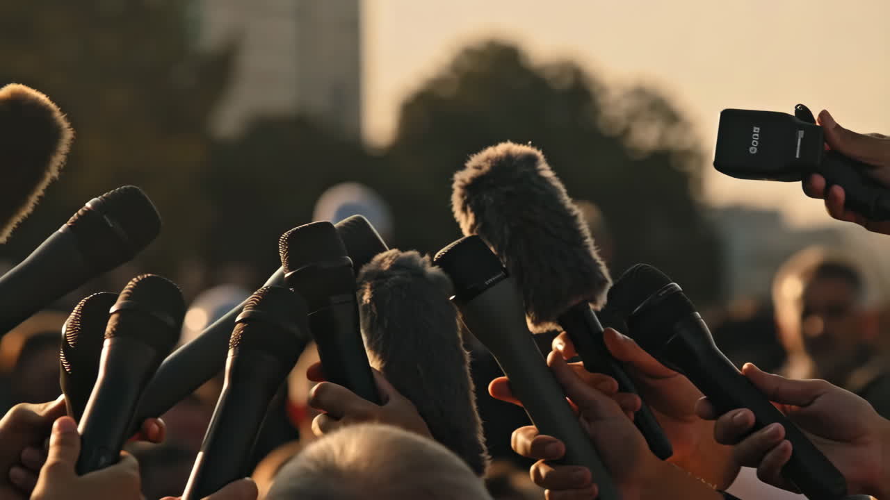 A cluster of microphones held by reporters at an outdoor press conference