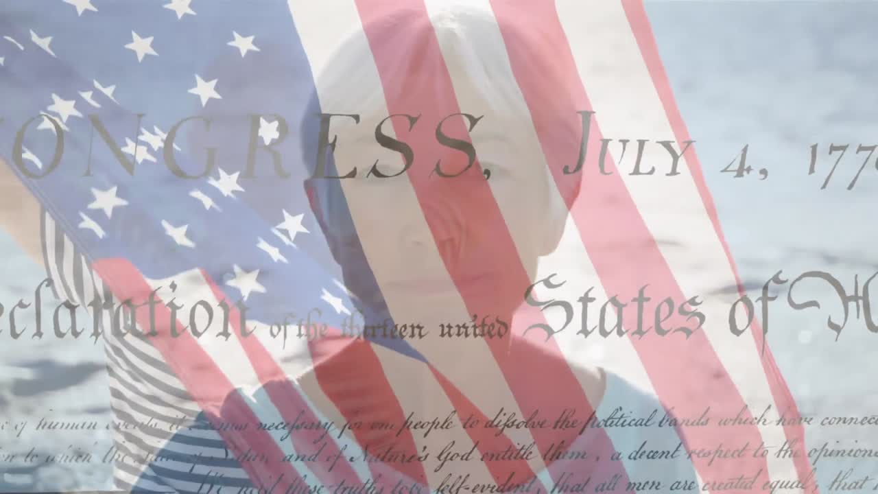 해변에 있는 고령 백인 여성 위에 있는 미국 국기의 애니메이션