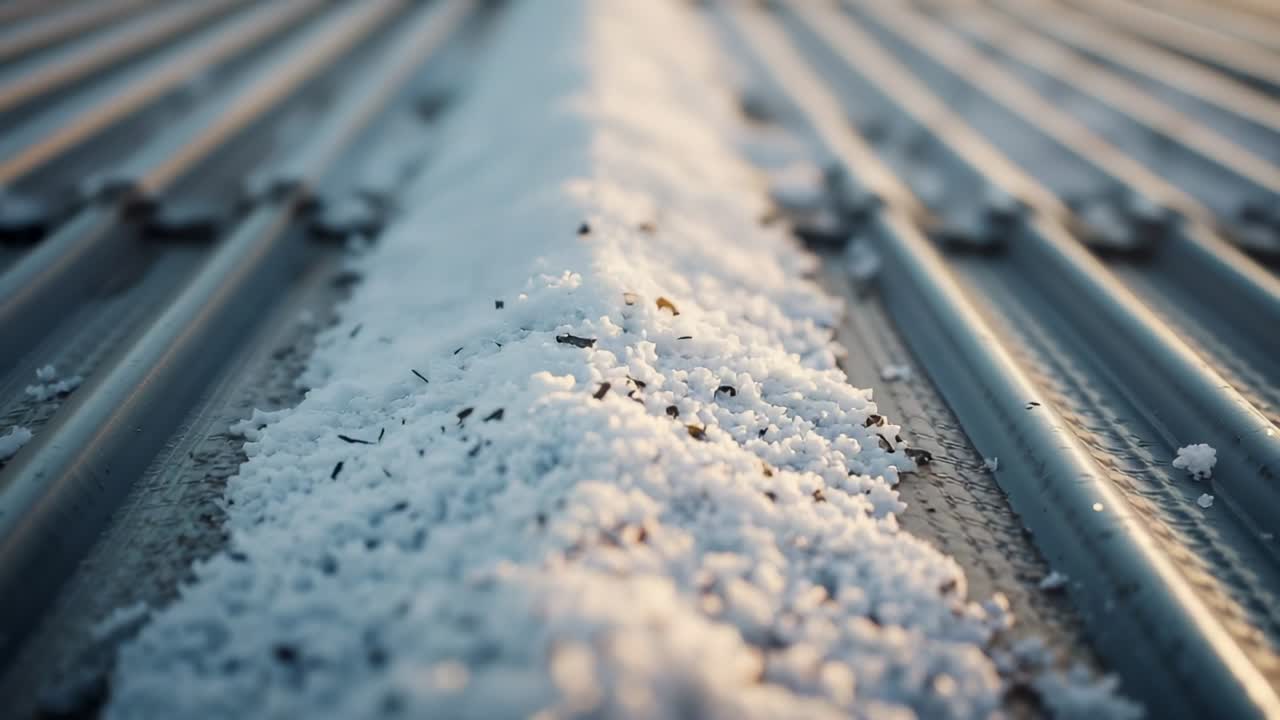 Falling hail pellets causing shifting and settling on corrugated metal ridge, revealing leaf debris