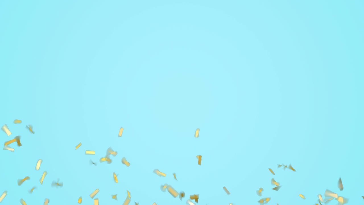 Gold confetti falling down on pastel blue background. Green screen footage.