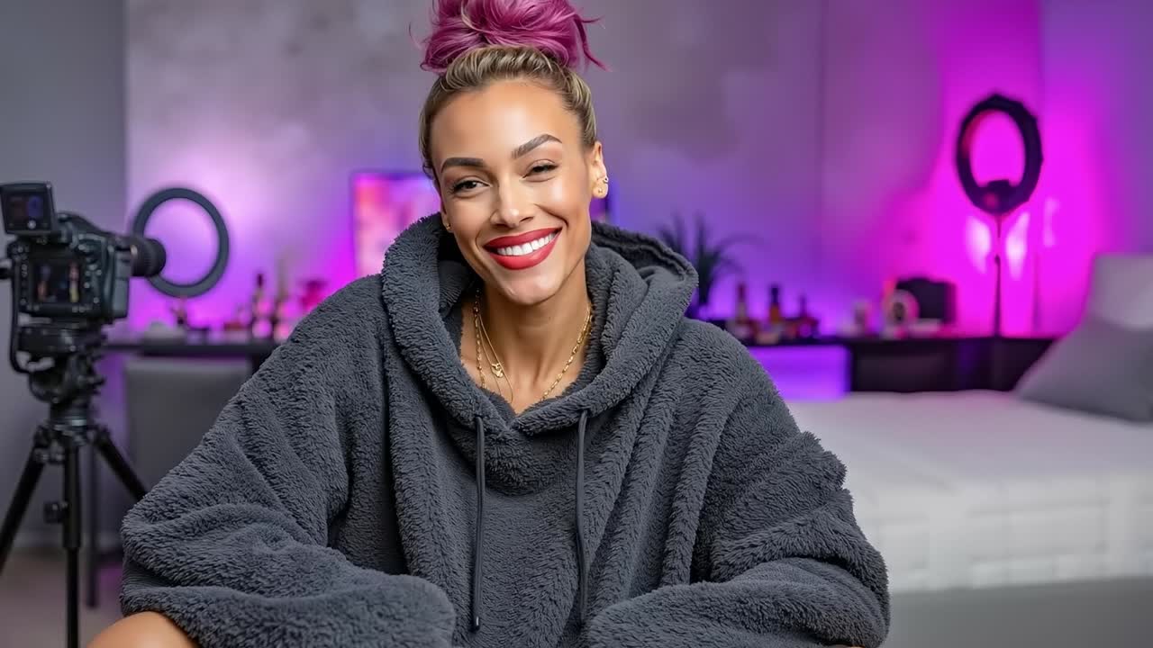 A woman with pink hair taking a selfie in a recording studio