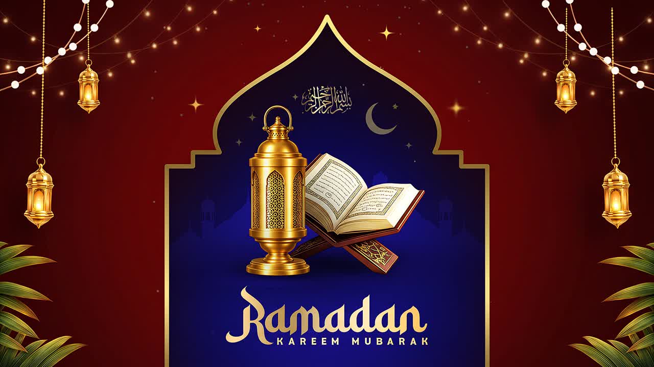 Animazione Ramadan Kareem Mubarak con lanterna, Corano su leggio e sfondo ad arco rosso e blu