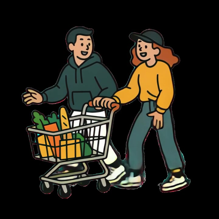Cartoon Couple Walking and Pushing a Shopping Cart with Groceries