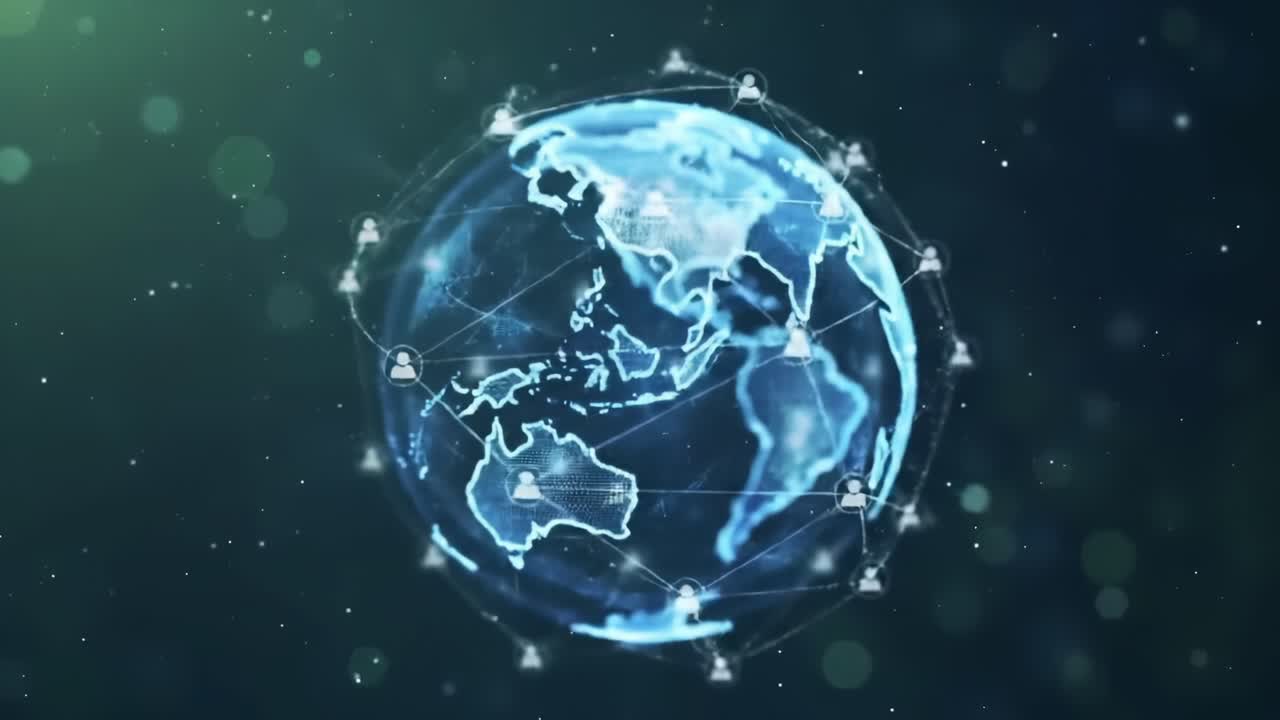 An animated visualization of a connected globe, showcasing a digital representation of the Earth with network connections and user icons symbolizing global communication and interaction