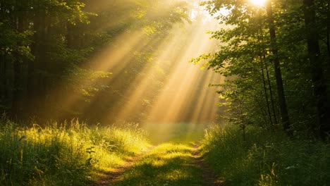 a serene pathway through the forest highlighted by golden rays of sunlight, creating a tranquil natural setting filled with lush greenery and soft illumination