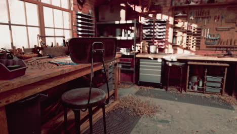 various carpenter tools and supplies in a garage