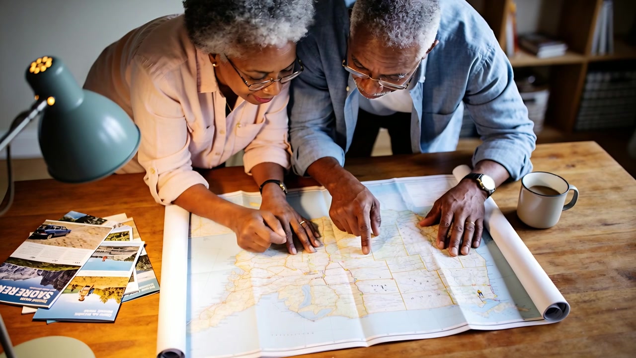 Ældre par folder kort ud, kvinden i lyserød bluse peger og markerer rute til tur derhjemme med kuglepen
