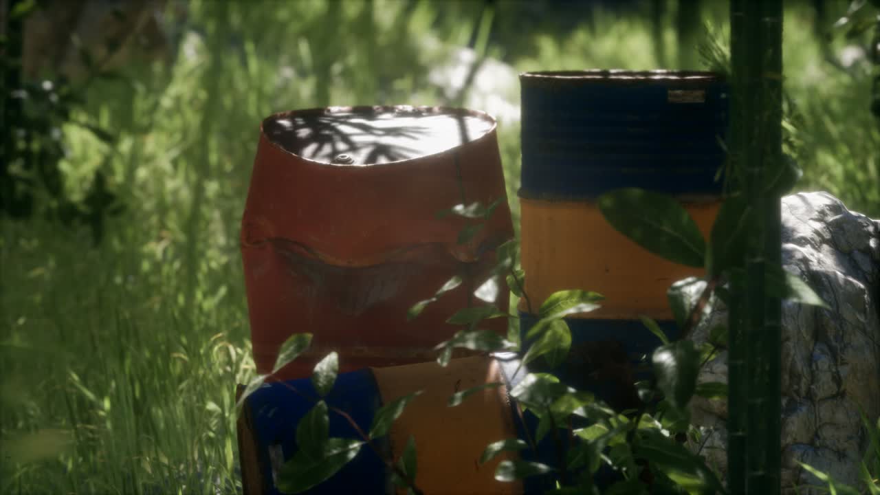 ржавые бочки в зеленом лесу