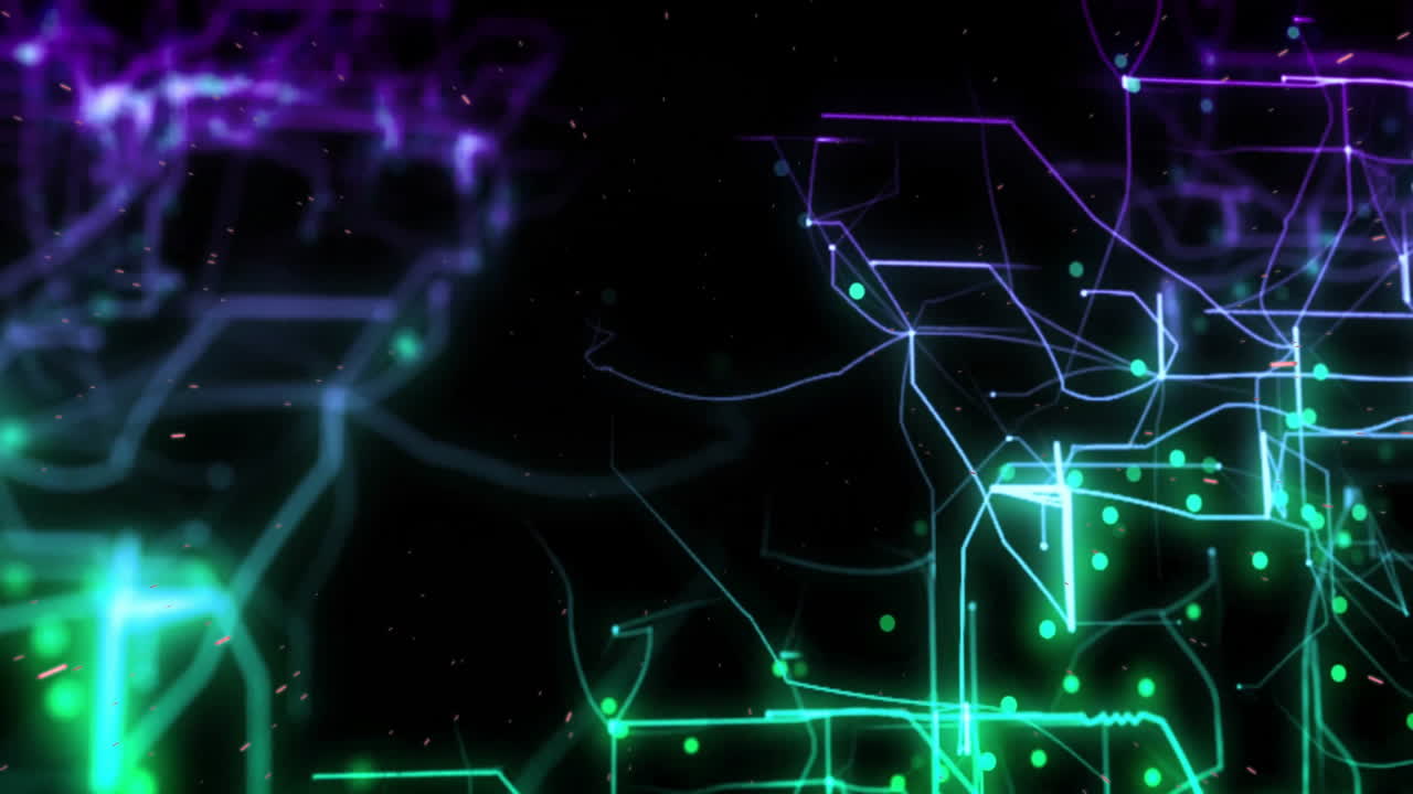 conexiones de red de color neón y puntos de datos sobre fondo oscuro, estilo de animación