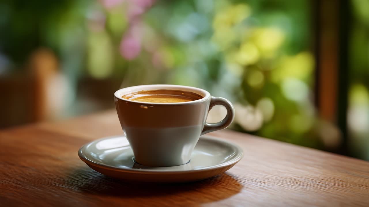 Uma xícara de café muito bem preparada sobre uma mesa de madeira, cercada por vegetação exuberante, perfeita para relaxar e aproveitar um ambiente sereno