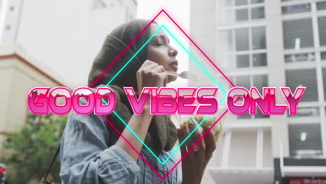 animación de texto buenas vibraciones sólo sobre la mujer comiendo