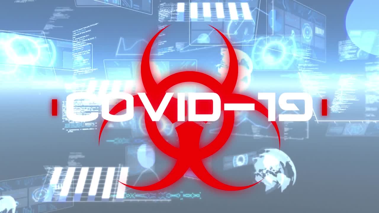 Animation of warning text covid 19, over red biohazard symbol and data processing on interface