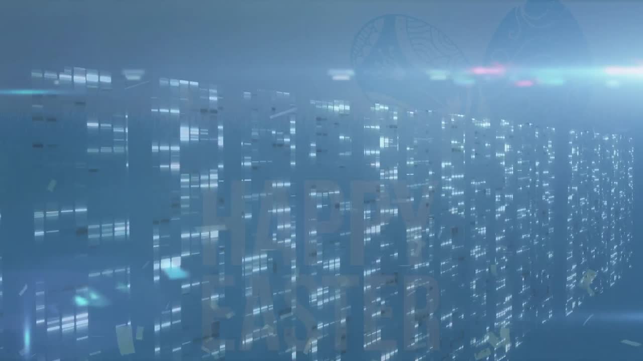 Animation of lights over data processing on blue digital space
