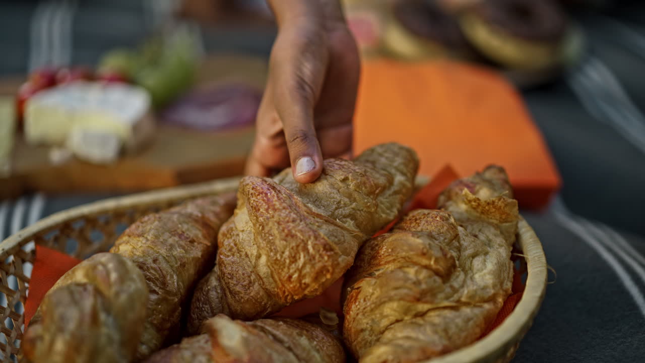 Food picnic with cheese and croissants