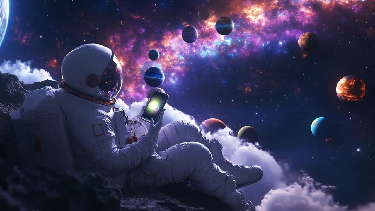 Astronaut using smartphone in outer space