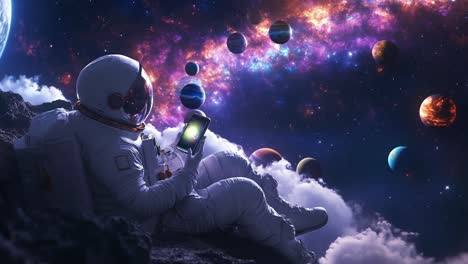 astronaut using smartphone in outer space