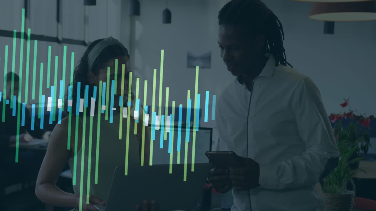 Animation of financial data processing over diverse business people in office