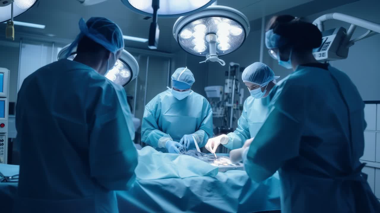 Veduta aerea di chirurghi in una sala operatoria, ripresa in uno stile drammatico e cinematografico, perfetta.