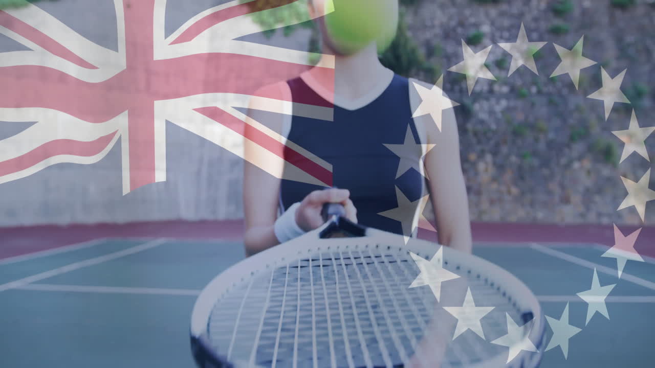 woman tennis player holding racket on outdoor court, displaying sports analytics and flag overlays