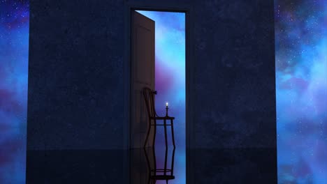 Lit-Candle-Burns-on-a-Chair-in-the-Doorway-Space-in-the-Background-Blue-Purple-Neon-Color