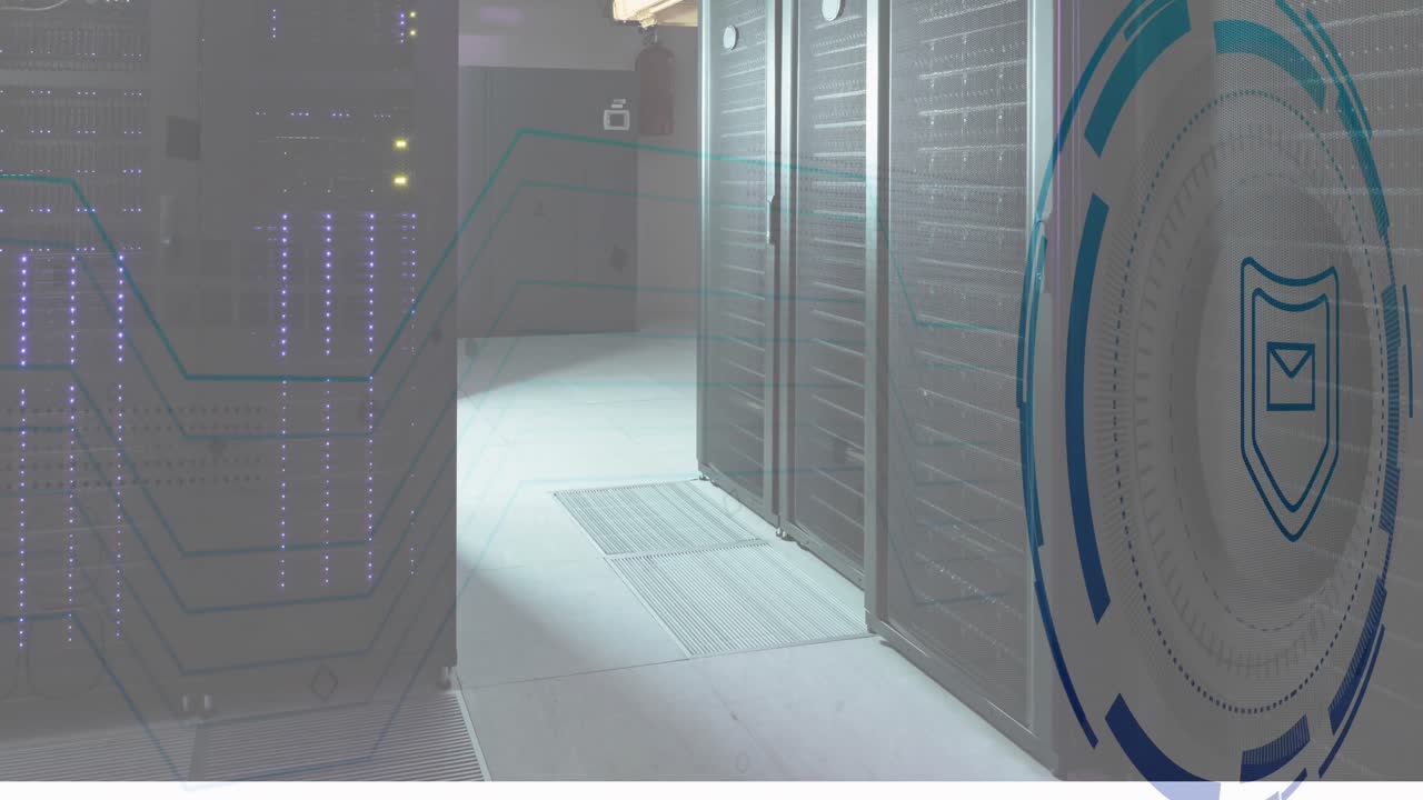 animación del sobre y el escudo en círculos de carga sobre la sala del servidor